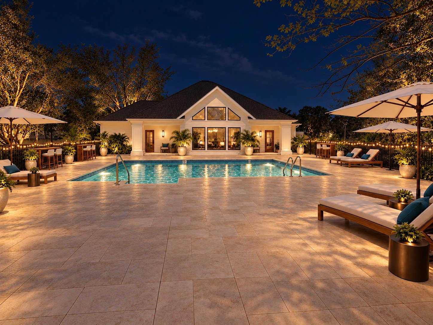 The pool and clubhouse at night, glowing with warm light under a deep blue sky