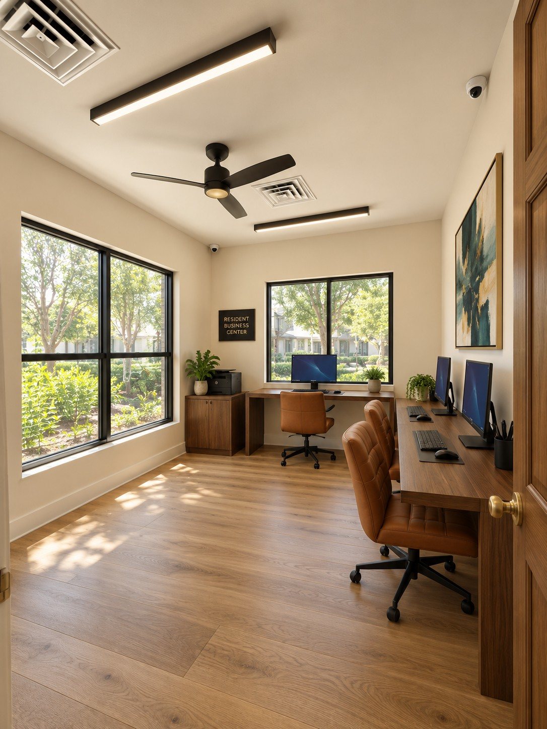 After: a bright business center with oak flooring, a long desk and cognac chairs
