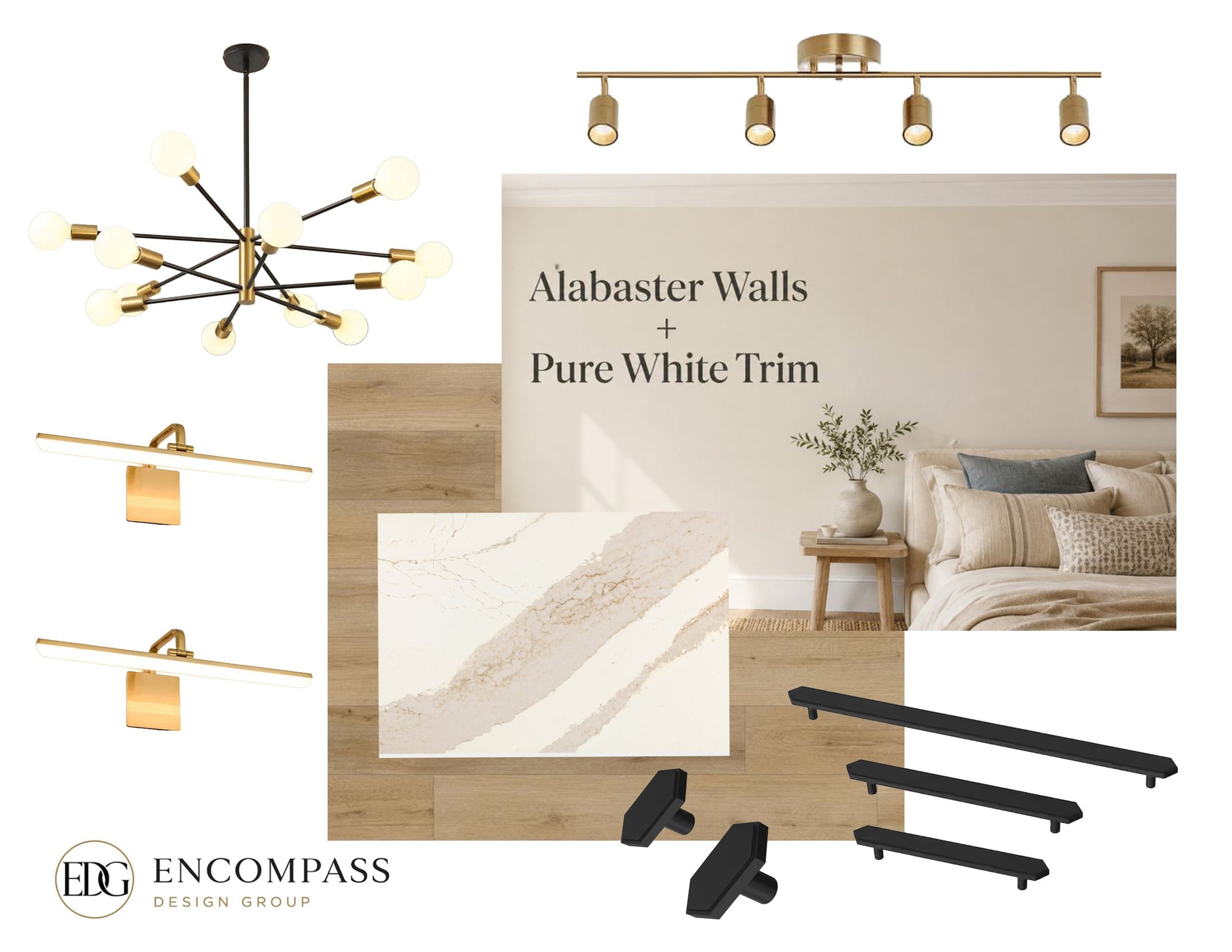 Residence selections board: brass light fixtures, light oak flooring, veined quartz, black hardware and Alabaster walls with Pure White trim