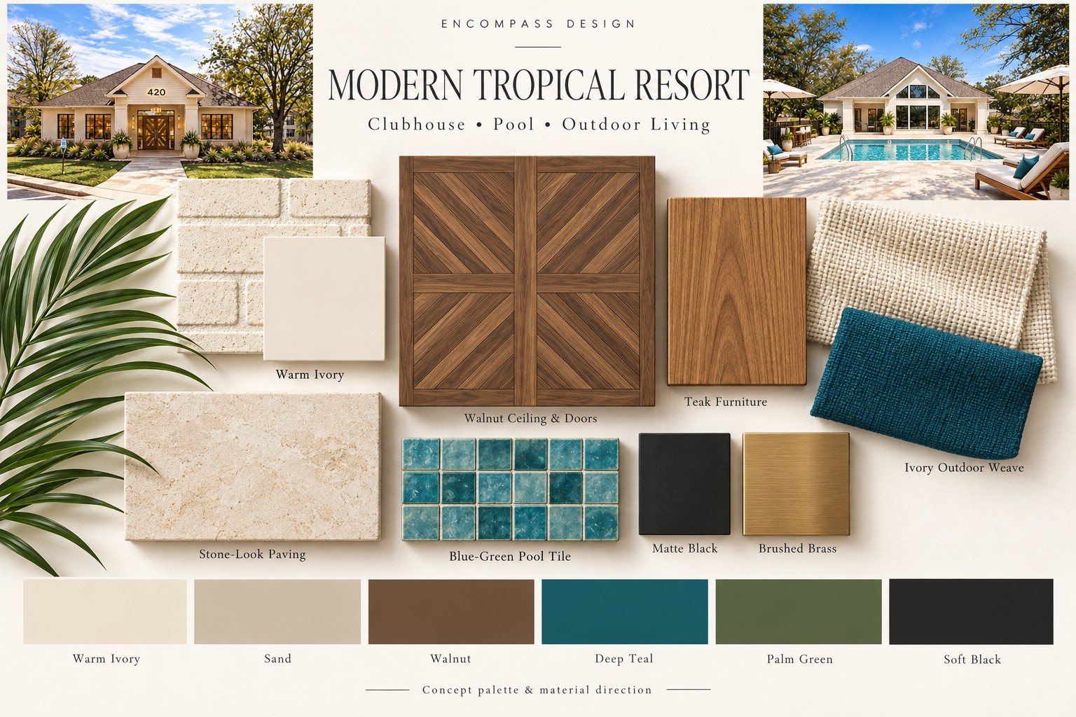 Exterior concept board: clubhouse, pool and outdoor living materials and palette