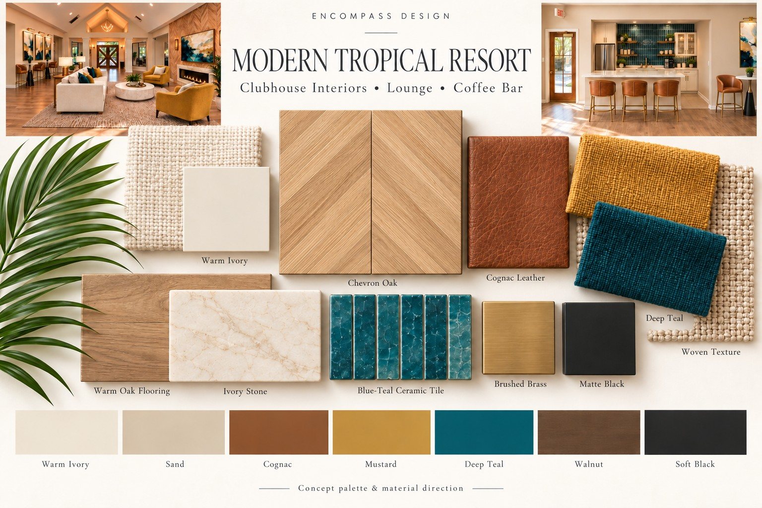 Interior concept board: clubhouse lounge and coffee bar materials and palette