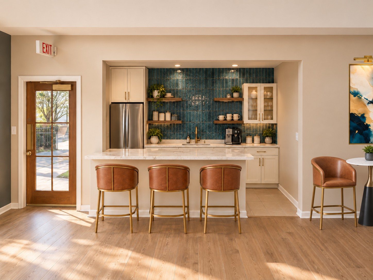 After: a coffee bar with teal tile backsplash, walnut shelves and cognac leather stools