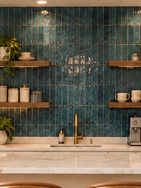Detail: deep teal tile, walnut shelves and a brass faucet