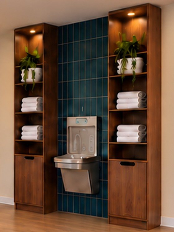 Detail: walnut built in shelves with towels, set in deep teal tile