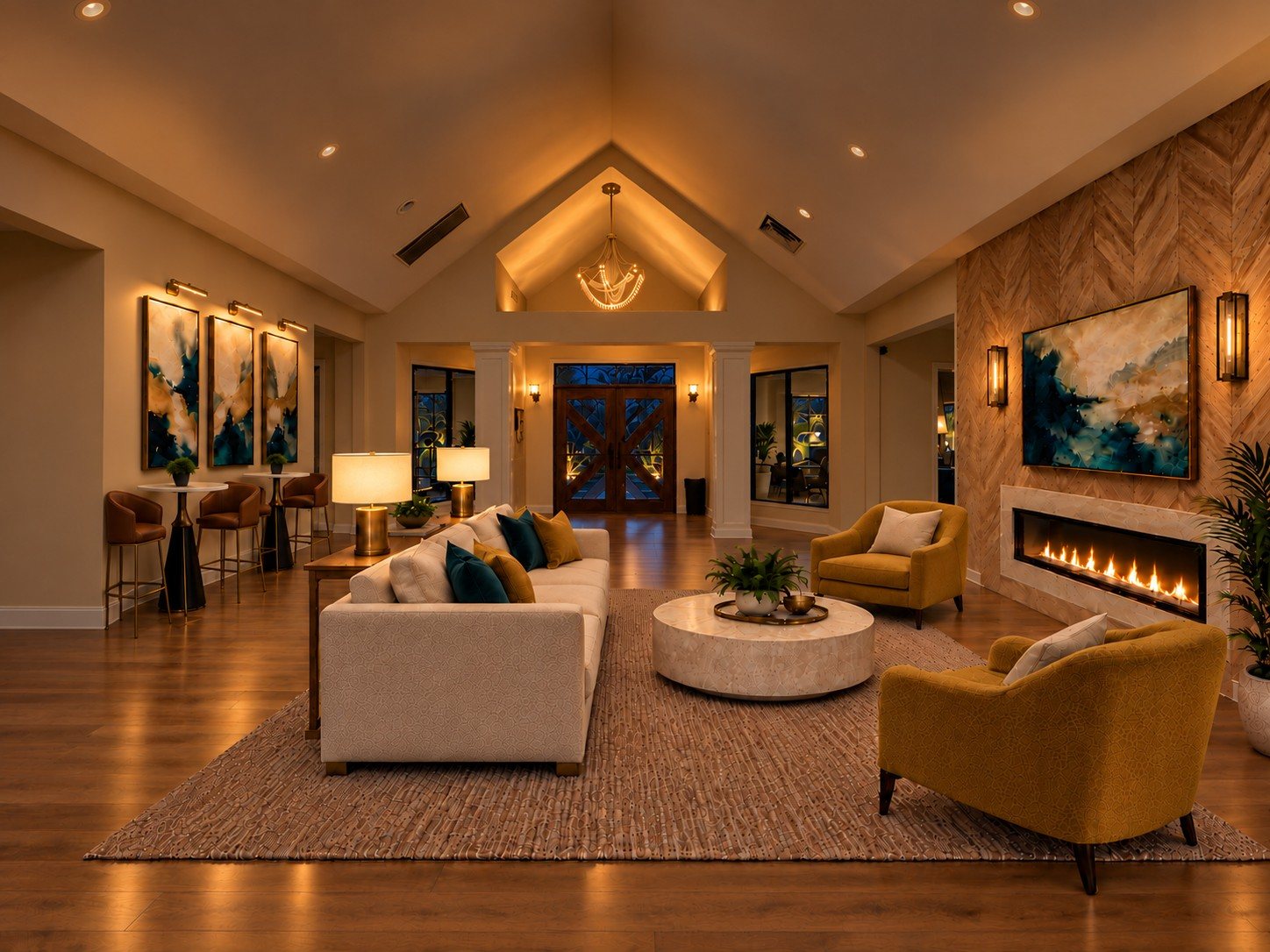The clubhouse lounge in the evening, glowing with a linear fireplace and warm lighting