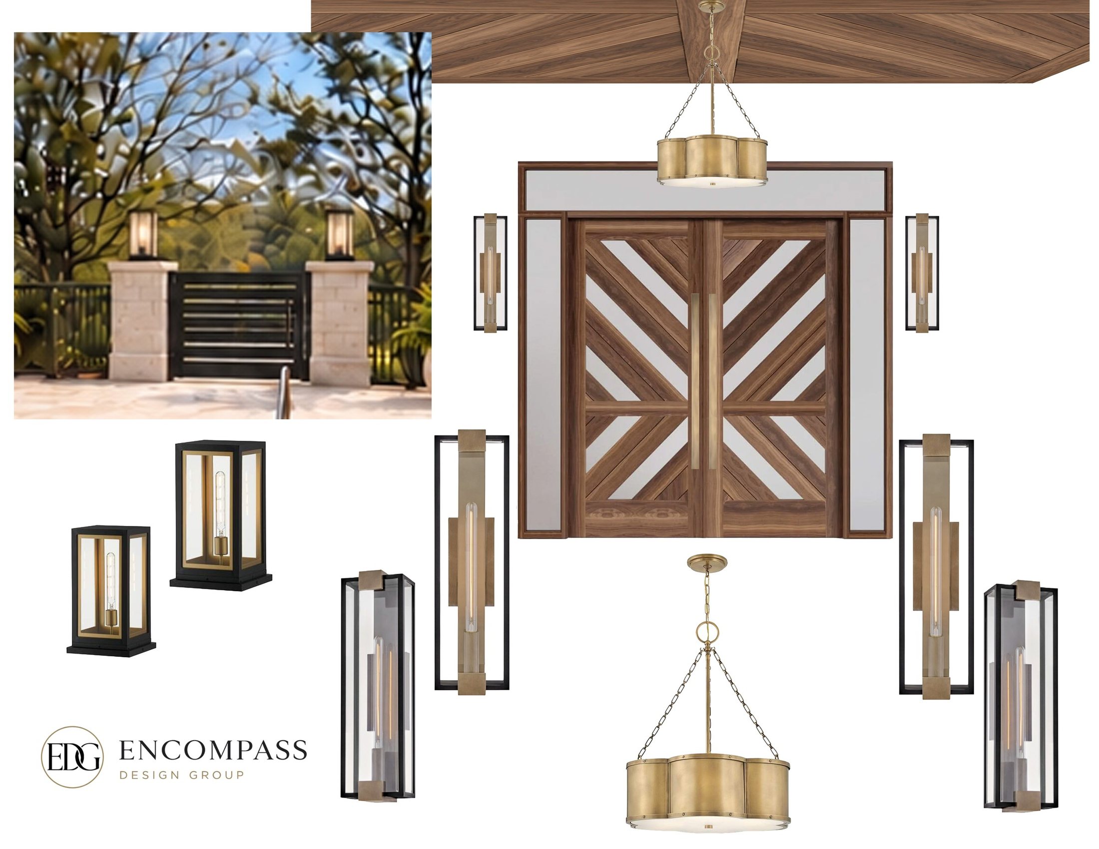 Selections board: walnut chevron double doors, brass lanterns, sconces and pendants, and the entry gate