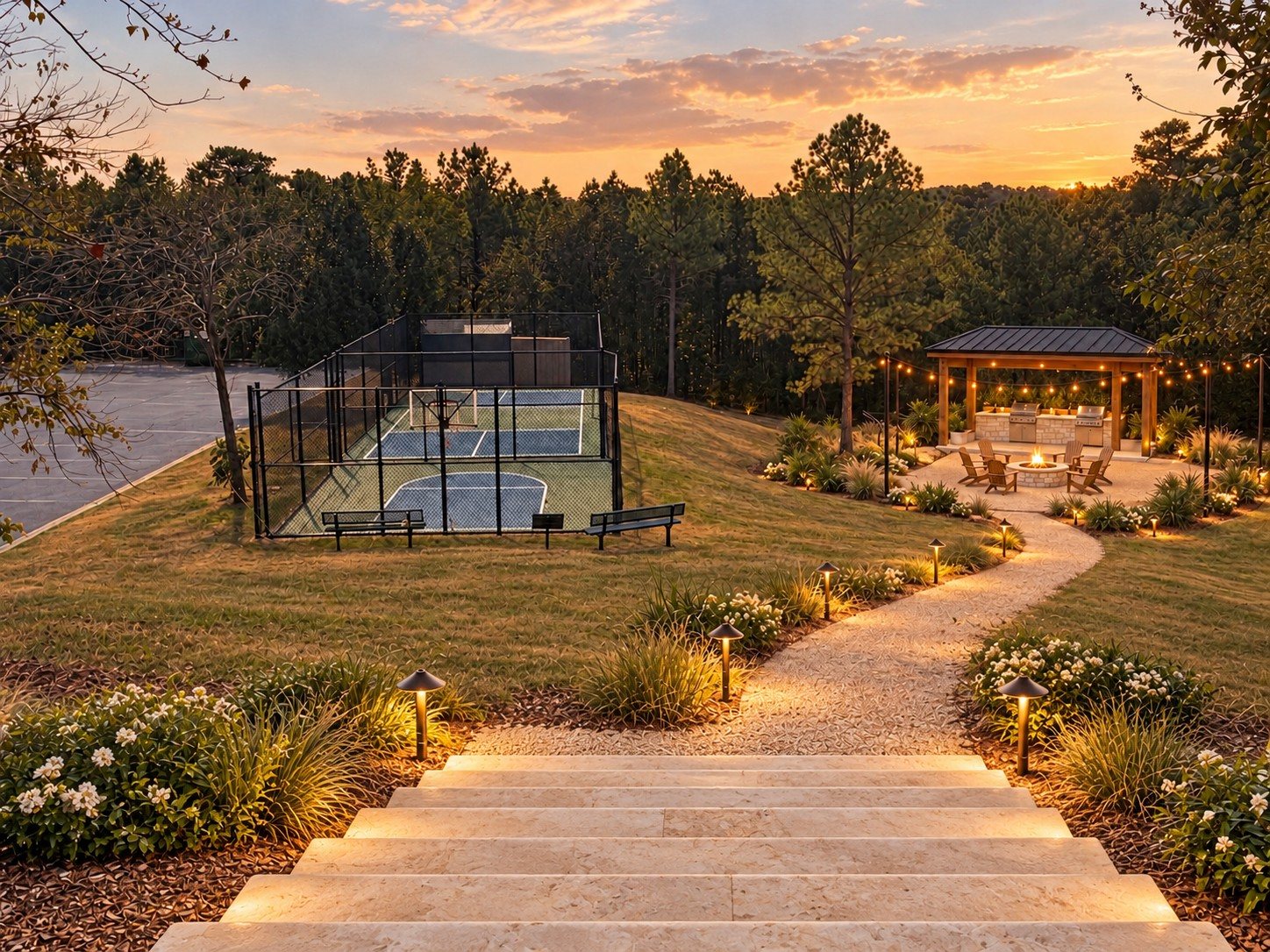 After: lit stone steps and a garden path leading to the court and a pavilion with a fire pit at sunset