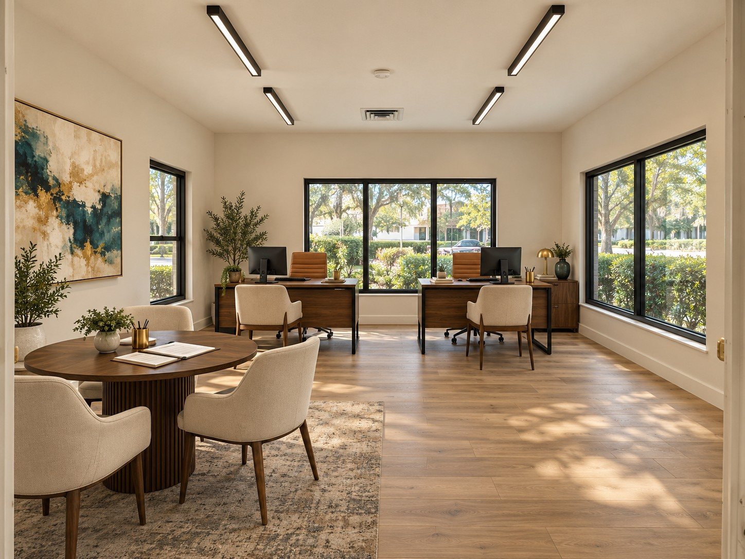 After: a bright leasing office with walnut desks, a round consultation table and ivory chairs