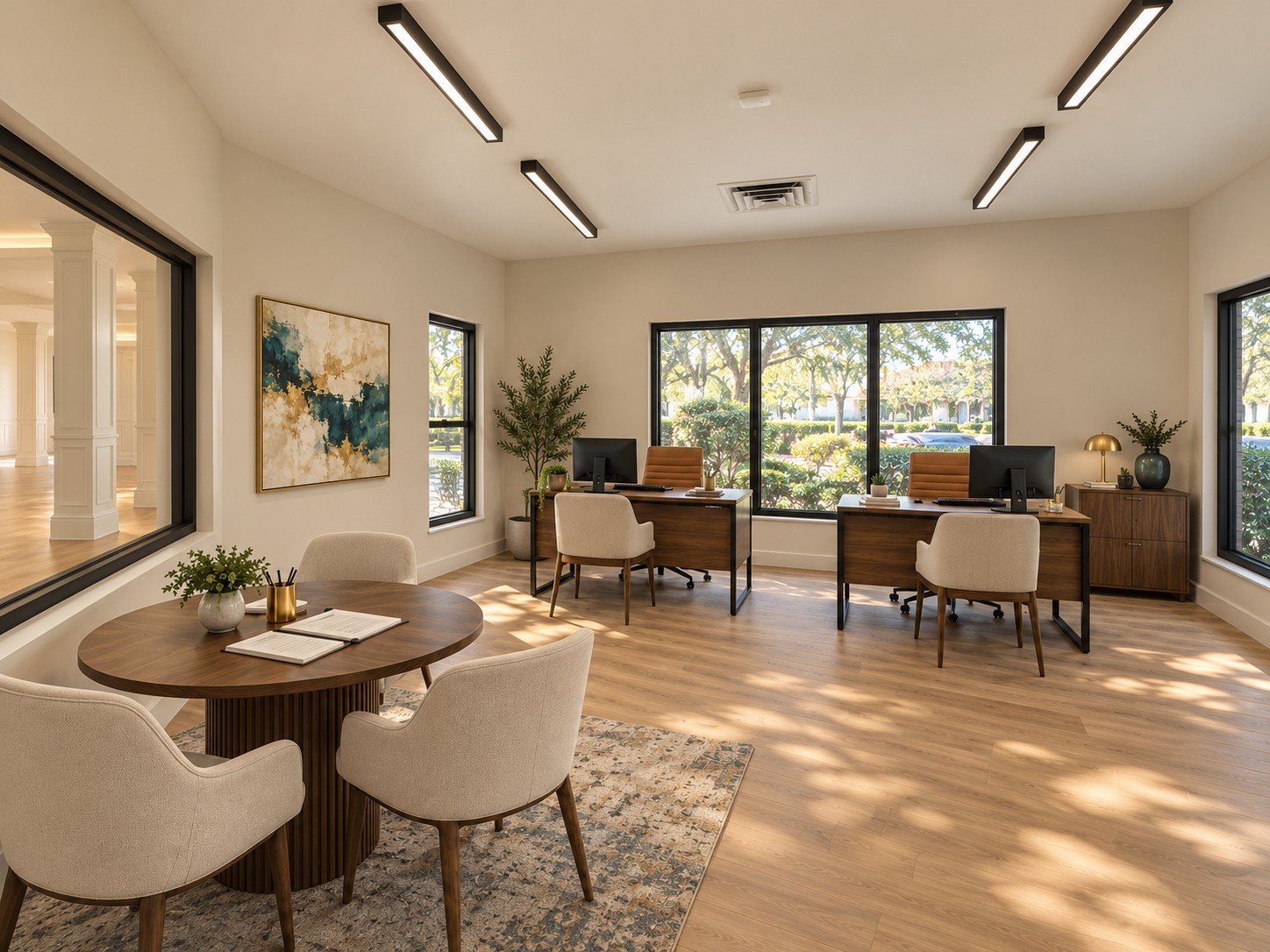 The leasing office from a second angle, with an interior window to the lounge and abstract teal art