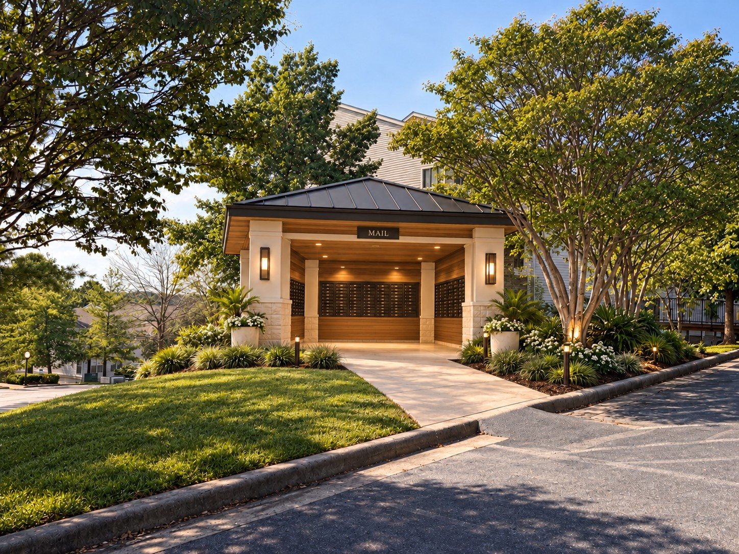 After: a covered mail pavilion with stone columns, walnut ceiling and landscaping
