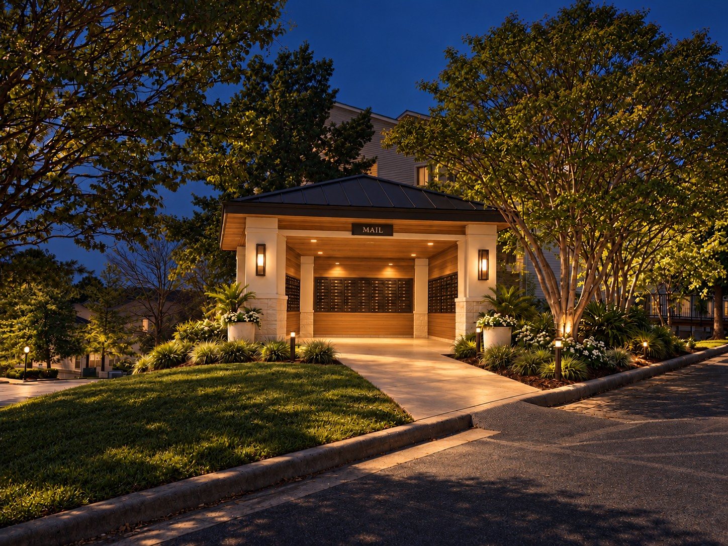 The mail pavilion at dusk, glowing under warm lighting