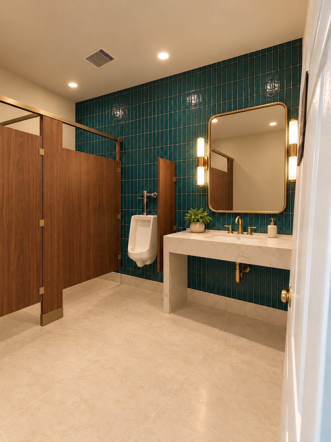 After: the men’s restroom with teal tile, walnut partitions and a brass mirror