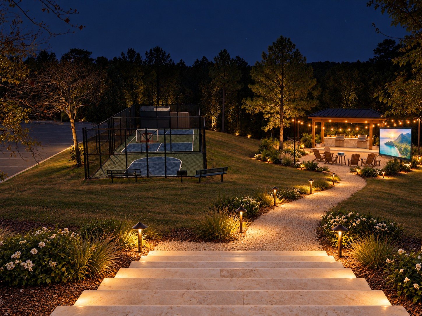 The pavilion at night with an outdoor movie screen, string lights and lit garden steps