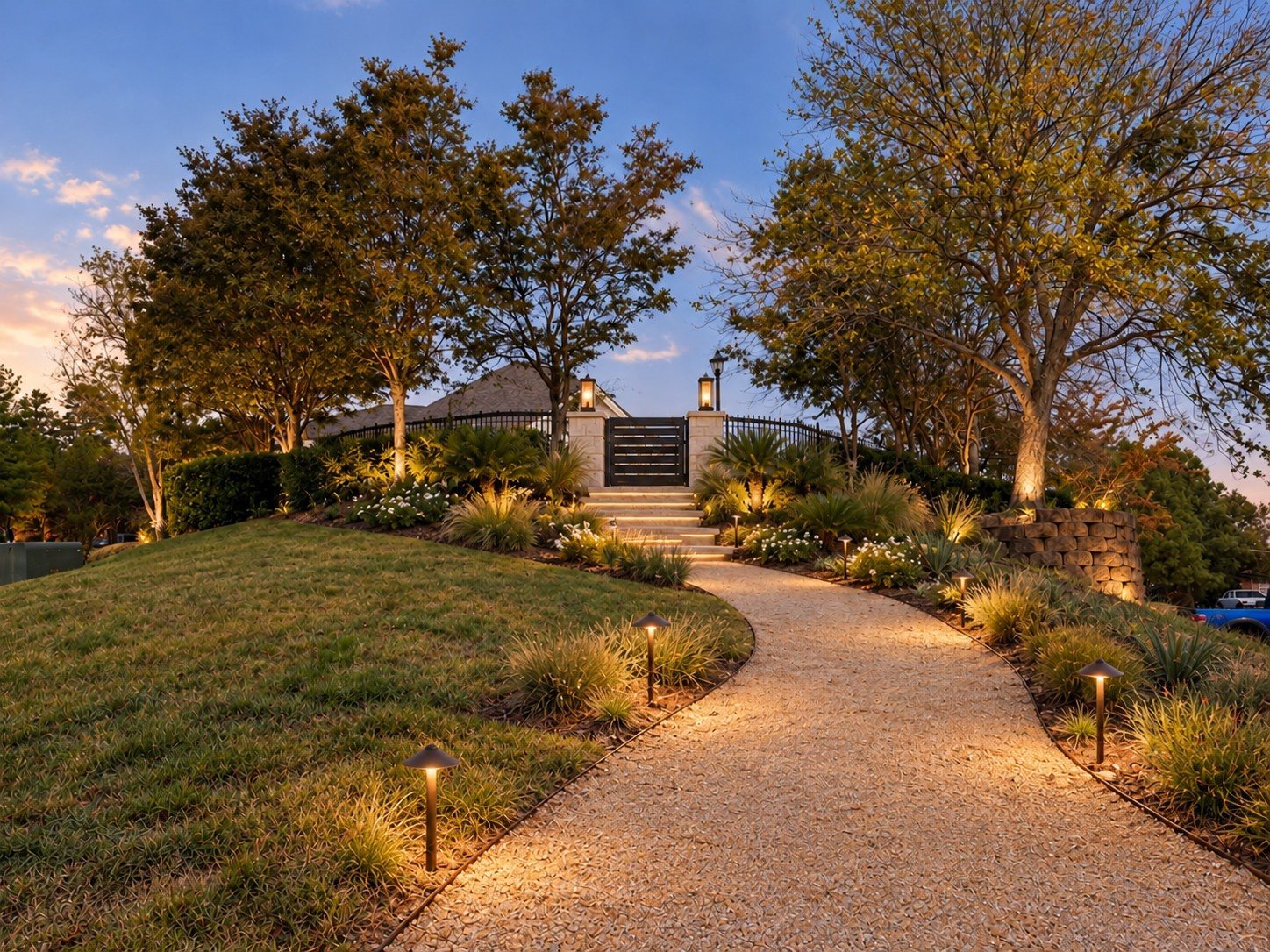 After: a curving gravel garden path with path lights, grasses and stone pillars