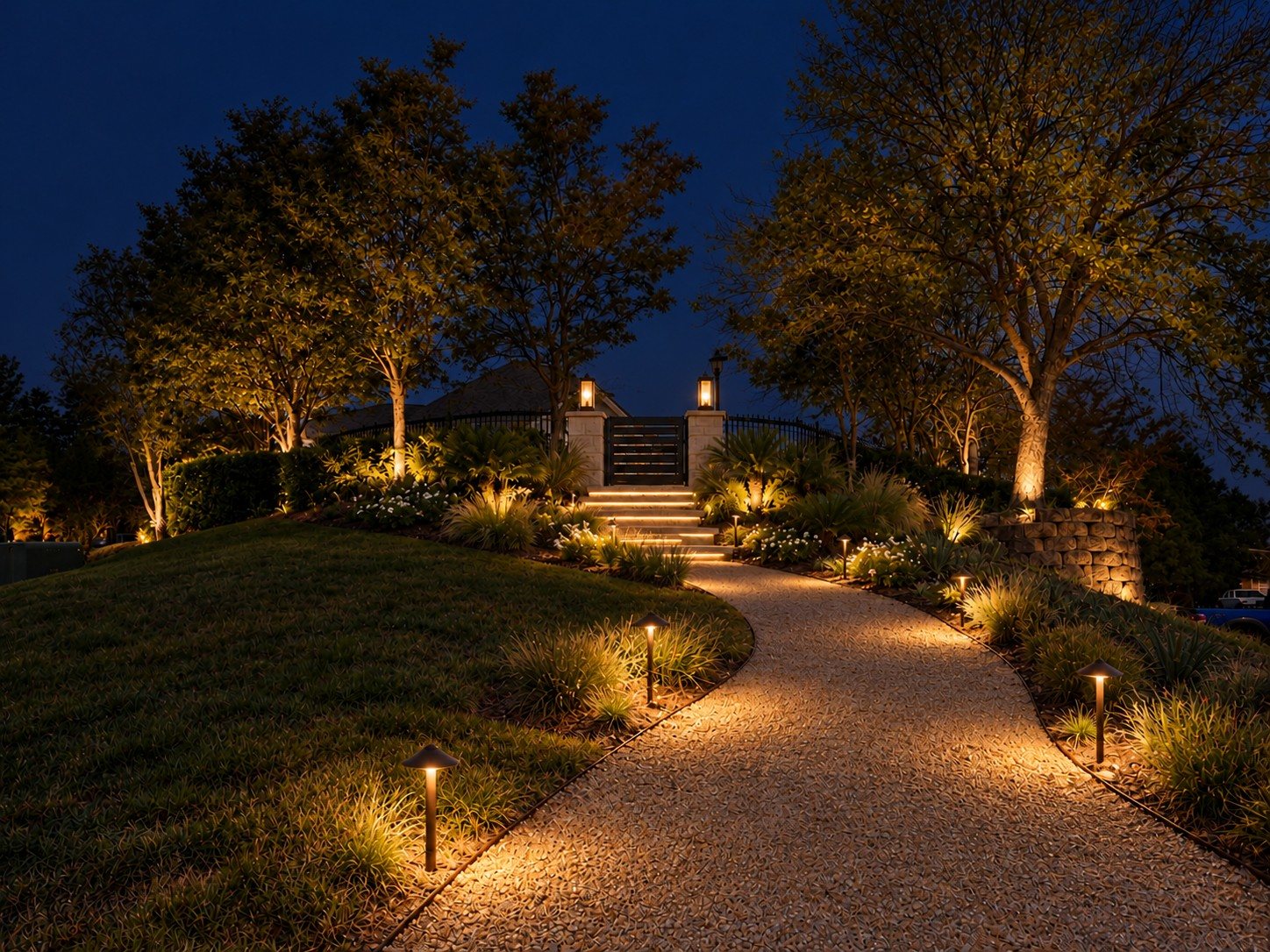 A lit gravel garden path winding toward stone pillars at night