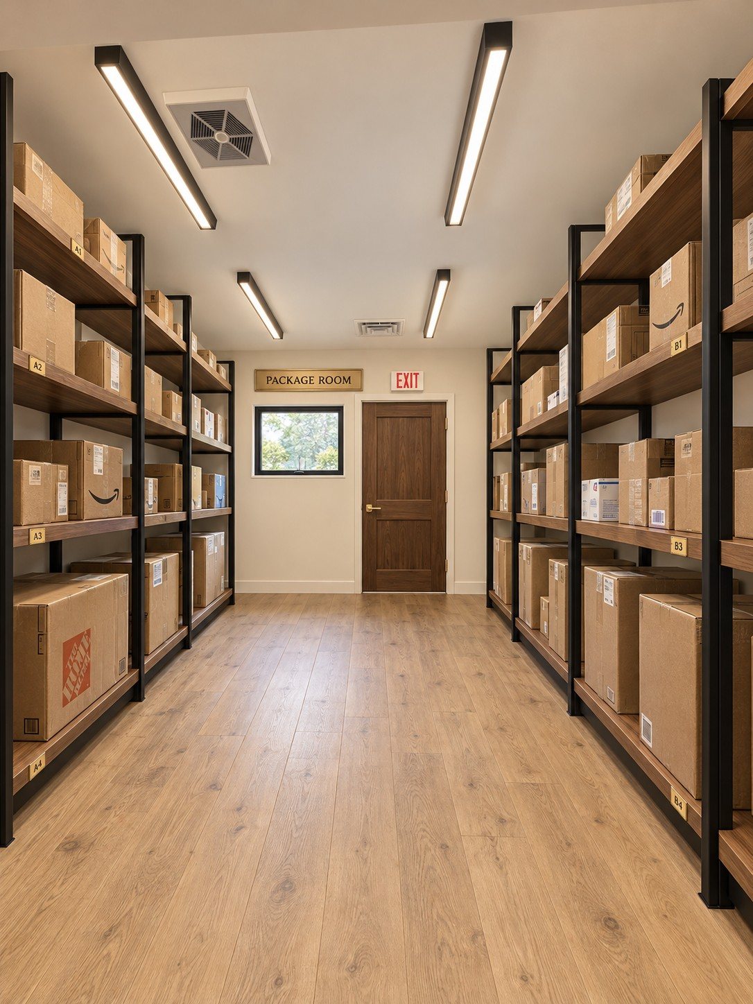 After: an organized package room with black shelving, oak floors and labeled parcels