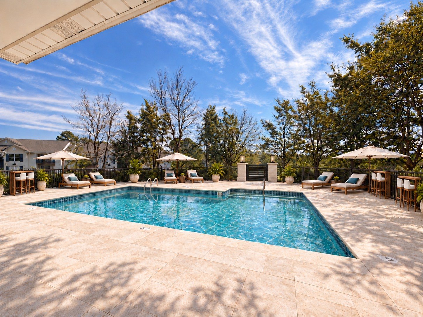 After: a sparkling pool with stone decking, loungers, umbrellas and teak bar seating