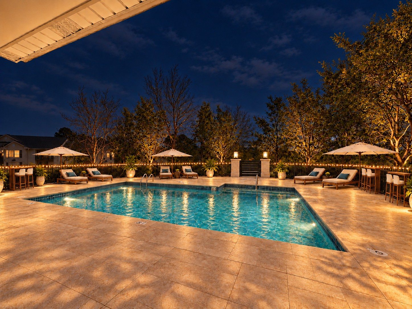 The pool at night with lit pillars, loungers and string lights