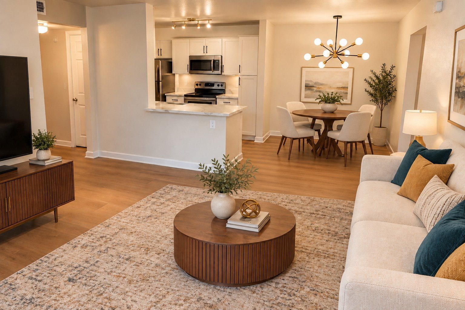 The furnished model living room by day, with ivory sofa, walnut coffee table and dining nook