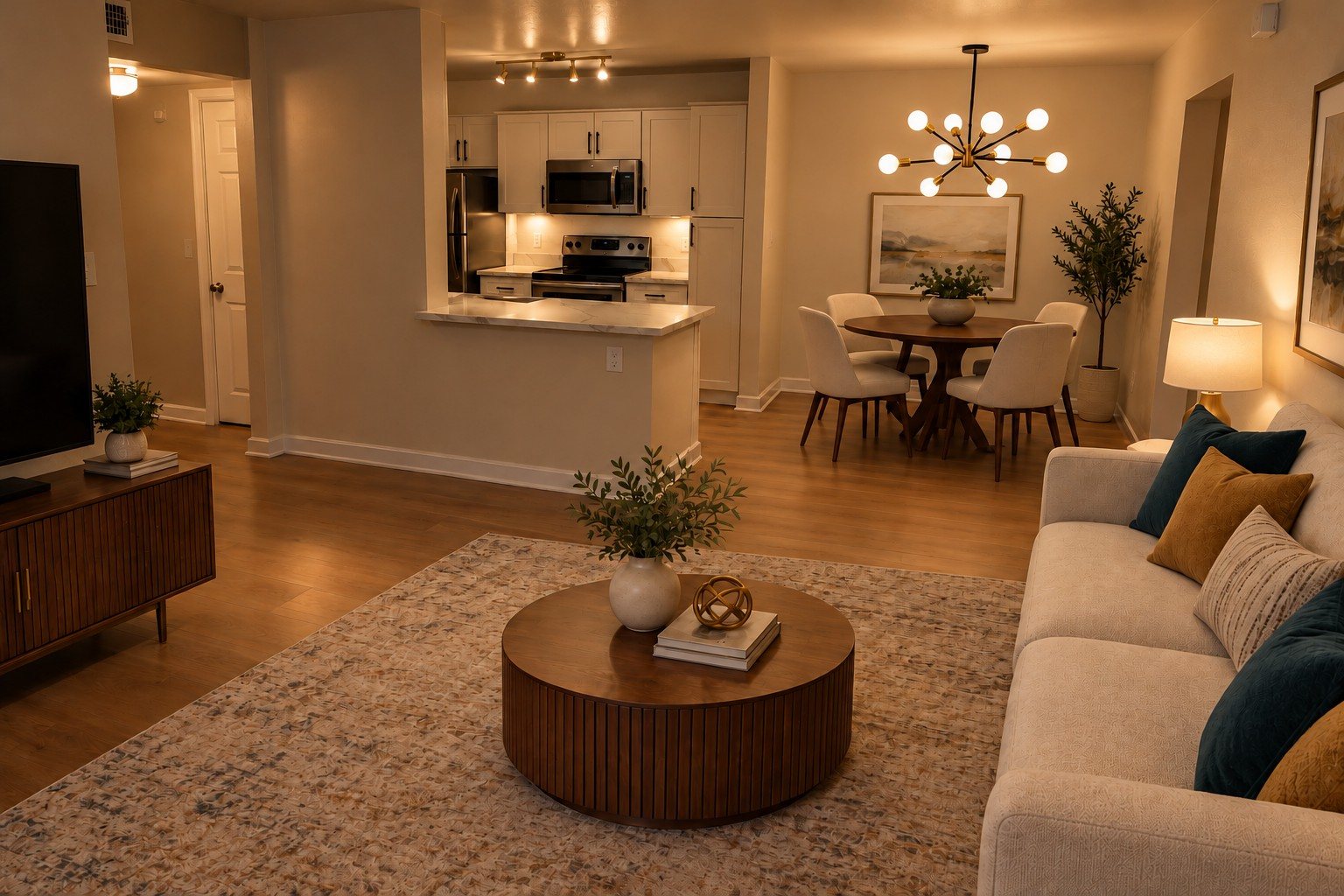 A furnished model apartment living room in the evening, with warm lamps and a sputnik chandelier