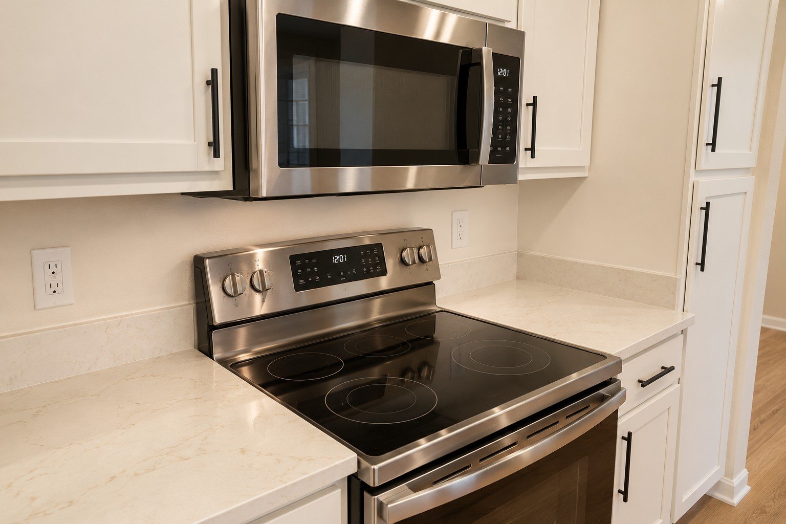 After: a stainless range and microwave with white quartz counters and black pulls