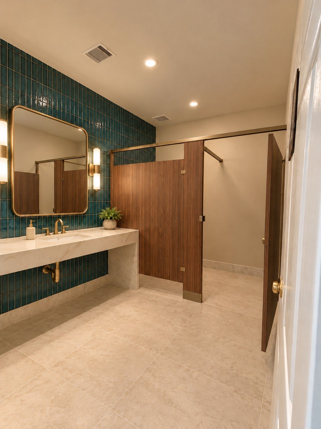 After: the women’s restroom with teal tile, stone vanity and brass mirror